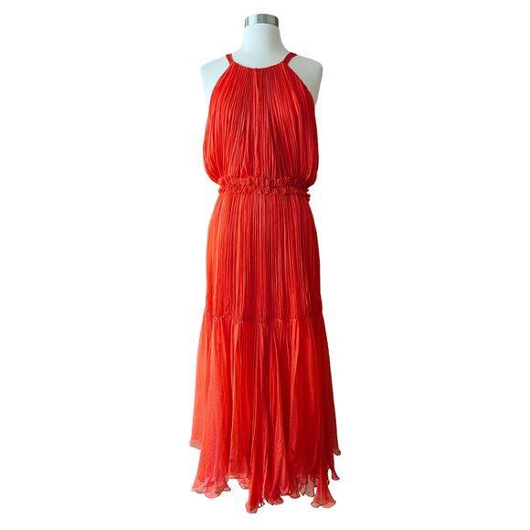 MARIA LUCIA HOHAN Maella Silk Tent Dress Red Chiffon Ruffled Plisse Halter Gown - Picture 14 of 16